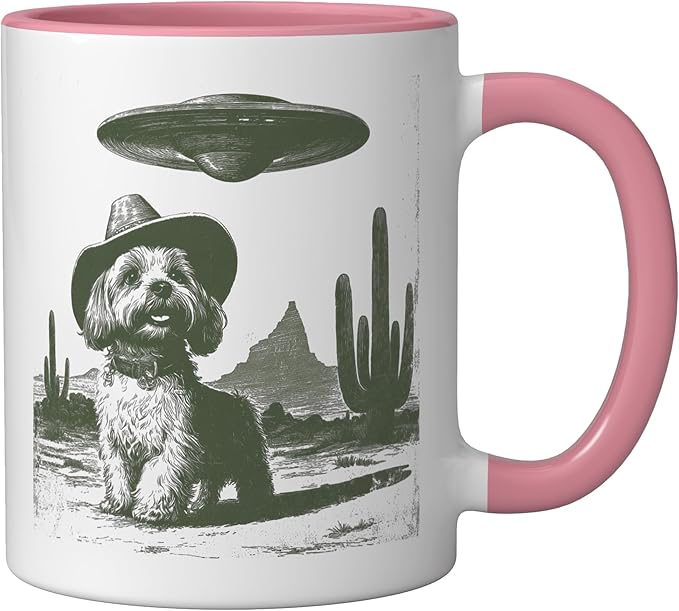 Retro Cowboy Dog UFO Desert Landscape Art Ceramic Mug, Pink/White