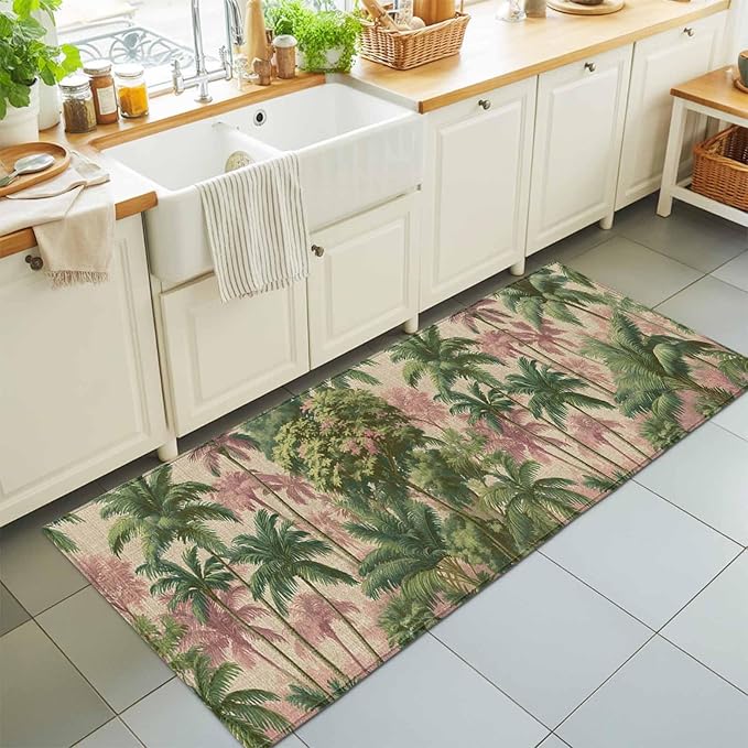 Runner Rug for Bedroom Hallway, Exotic Forest Green Pink Palms Tree Kitchen Runner Rugs Area Rug 2x6ft, Vintage Botantical Washable Soft Floor Carpet for Entryway Stair