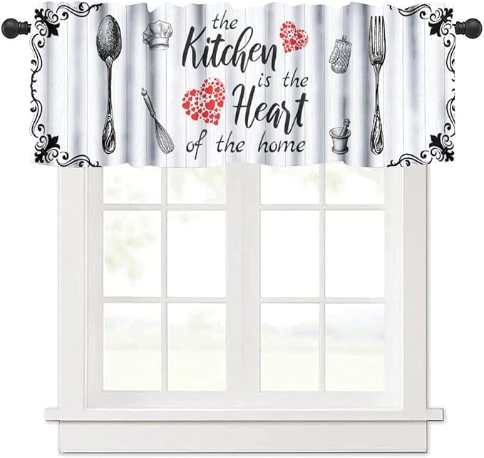 Retro Kitchen Valance, White Black Farmhouse Country Fork Spoon Heart Wooden Farm Short Curtain for Dining Room Bedroom Living Room Resturant Cafe Home Decoration, 54x18Inch