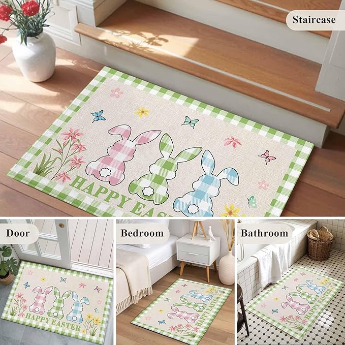 Area Rug 2x3ft, Happy Easter Bunny Shadow Flowers Washable Rugs for Living Room Bedroom, Retro Linen Cotton and Grid Soft Non-Slip Area Rugs Rectangle Floor Carpet for Dining Room