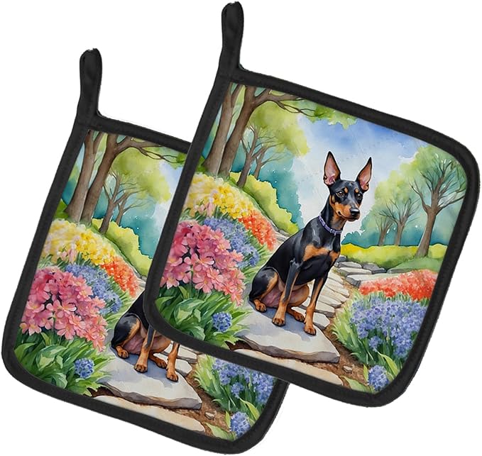 Caroline's Treasures Manchester Terrier Spring Path Pair of Pot Holders Kitchen Heat Resistant Pot Holders Sets Oven Hot Pads for Cooking Baking BBQ, 7 1/2 x 7 1/2