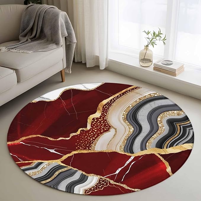 Washable Round Area Rug Abstract Flowing Marble Fluid Art Circle Rugs Floor Carpet for Living Room Bedroom, Red and Gold Lines Soft Non Slip Round Rug 4ft