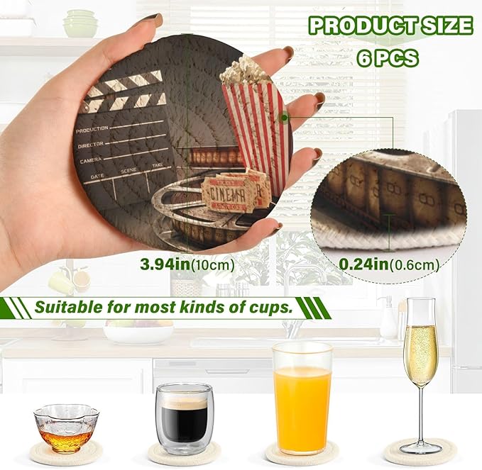 YETTASBIN Movie Theater Popcorn 6 Pcs Drink Coasters with Holder, Cotton Woven Absorbent Heat-Resistant Round Coaster Non-Slip Table Mat for Kitchen Bar Home Decor Housewarming Gift, 3.9 in