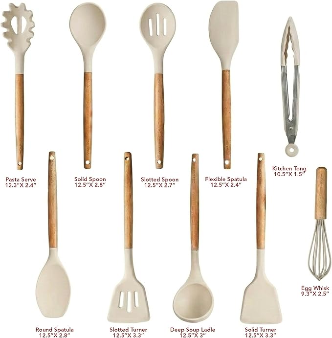 OVENTE Silicone Cooking Utensils Set, 17pcs Heat Resistant Kitchen Tools and Gadgets for Nonstick Cookware, BPA Free Spatula Set with Wooden Handle, Cup Holder, Oven Gloves and Hot Pads, Cream SPS17CR