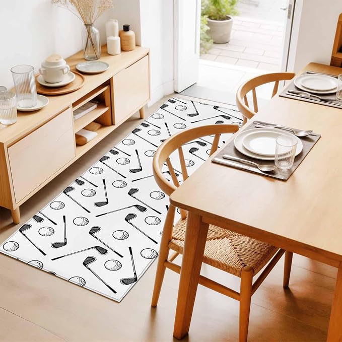 Runner Rug for Bedroom Hallway, Golf Club Ball Seamless Pattern Kitchen Runner Rugs Area Rug 2x6ft, Modern Minimalist Art Washable Soft Floor Carpet for Entryway Stair