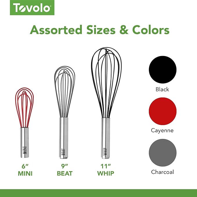 Tovolo Whisk 9 Inch Heavy Duty Silicone Wire Stainless Steel Whisker for Cooking Baking Blending Mixing Stirring Whipping Whisking, Dishwasher Safe Multi Use Classic French Wire Whisk, Charcoal Gray