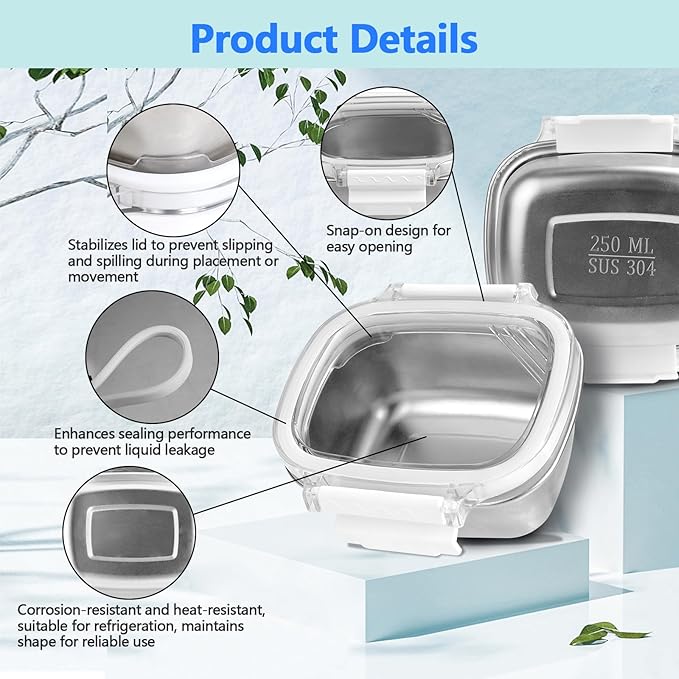 Stainless Steel Small Container with Lid - 5 Piece 8.5oz Reusable Stainless Steel Snack Containers, Leakproof Freezer Safe Metal Bento Box Fit for Portioning Snacks, Dips, and Condiments