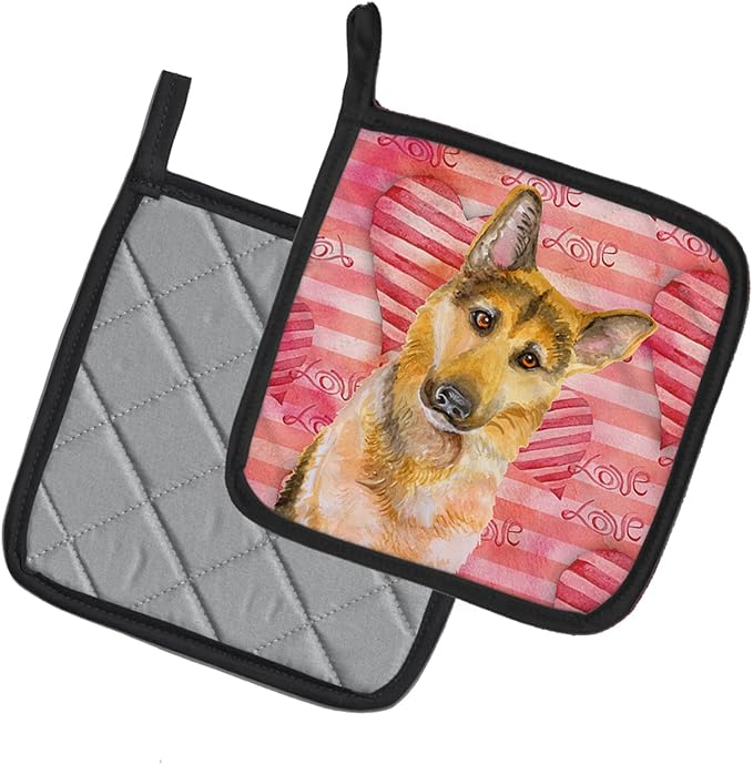 Caroline's Treasures BB9798PTHD German Shepherd #2 Love Pair of Pot Holders, Red Kitchen Heat Resistant Pot Holders Sets Oven Hot Pads for Cooking Baking BBQ, 7 1/2 x 7 1/2
