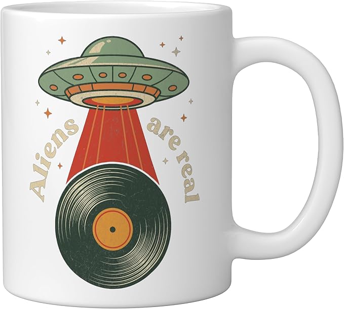 Vintage UFO Abduction Vinyl Record Player Retro Music Lover Ceramic Mug, White