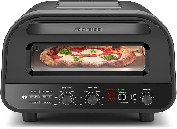 CHEFMAN Indoor Pizza Oven - Makes 12 Inch Pizzas in Minutes, Heats up to 800°F - Countertop Electric Maker with 5 Touchscreen Presets, Pizza Stone and Peel Included - Stainless Black