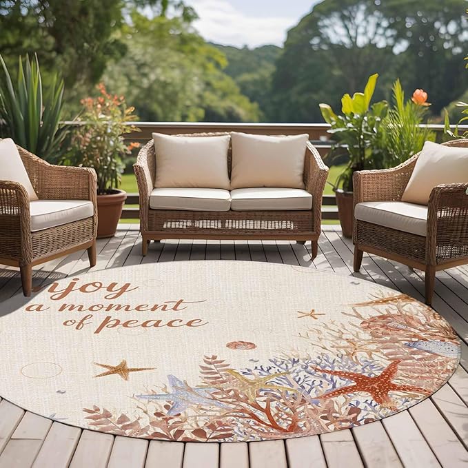 Washable Round Area Rug Orange Marine Starfish Coral Seaweed Circle Rugs Floor Carpet for Living Room Bedroom, Peace Quote on Linen Soft Non Slip Round Rug 5ft