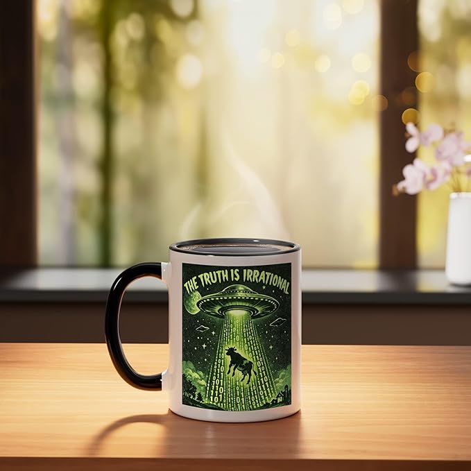 UFO The Truth Is Irrational Cow Abduction 3.14 Math Pi Day Ceramic Mug, Black/White
