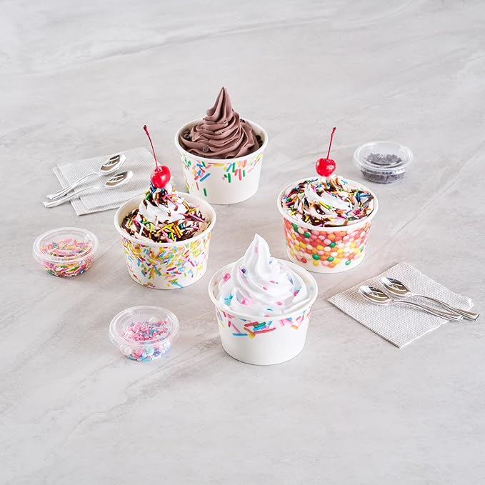 Restaurantware Paper Cups 200 Count 8 Ounce Square Disposable Ice Cream Containers, Leak-Resistant Paper Dessert To Go Cups, Hot And Cold Food, Durable Assorted Sprinkle Design