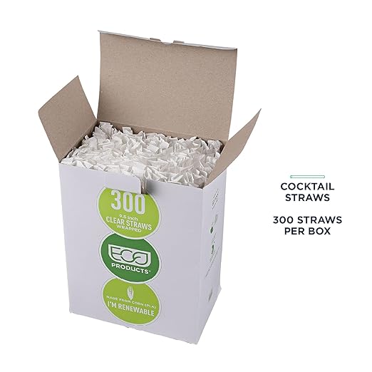 Eco-Products Compostable Paper Wrapped Jumbo Plastic Straws, 9.5" Long, 8mm Diameter, Box of 300, Clear Disposable Plant Based PLA Plastic, Large Sized Drinking Straws, ASTM Compliant, BPI-Certified