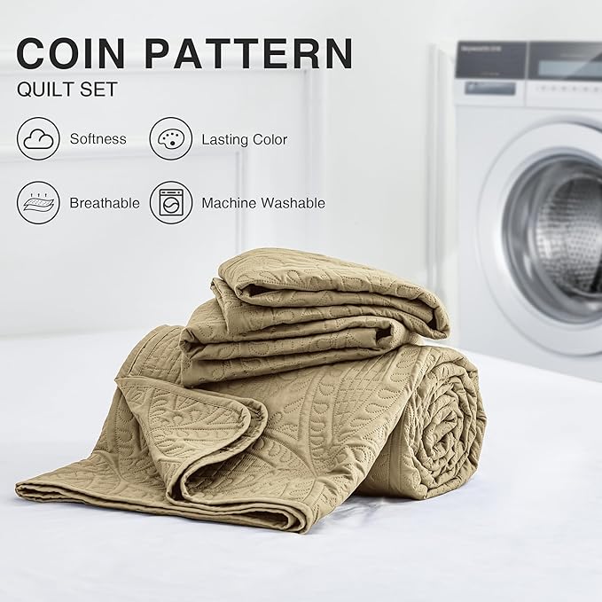 Love's cabin Oversized King Size Quilt Bedding Set Camel Bedspreads - Oversized King Lightweight Bedspread Comforter - Coin Pattern Coverlet for All Season - 3 Pieces (1 Quilt, 2 Pillow Shams)