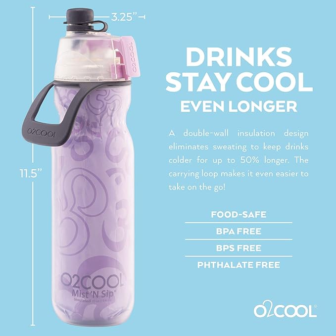 O2COOL Mist 'N Sip Misting Water Bottle 2-in-1 Mist And Sip Function With No Leak Pull Top Spout Reusable Sports Water Bottle - 20 oz (Yoga Lilac)