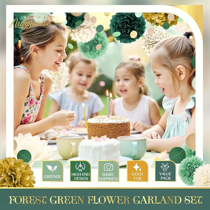 NICROLANDEE Green Wedding Party Decorations - 15 PCS Green Tissue Paper Pom Poms, Dots Paper Garland for Neutral Baby Shower, St. Patrick's Day Party, Birthday, Bridal Showers, Rustic Wedding Decor