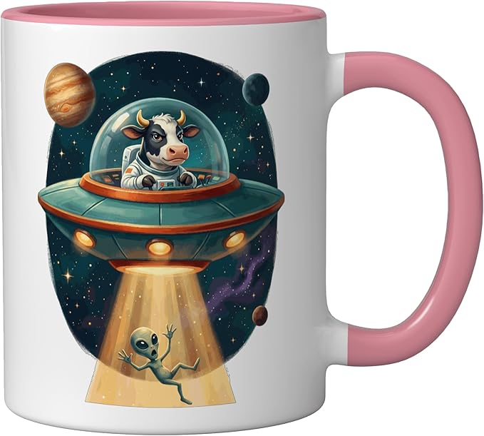 Funny Cow Astronaut UFO Abducting Alien Space Graphic Ceramic Mug, Pink/White