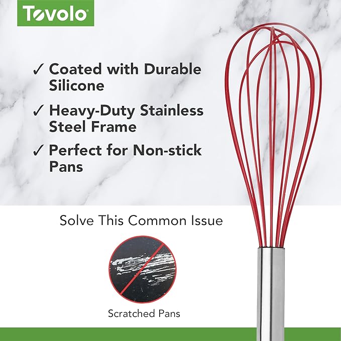 Tovolo Mini Whisk Stainless Steel 6 Inch Tiny Whipper Silicone Whisker for Cooking Blending Mixing Stirring Whisking Egg Beating, Easy Clean Dishwasher Safe Small Kitchen Mini Metal Whisk, Cayenne Red