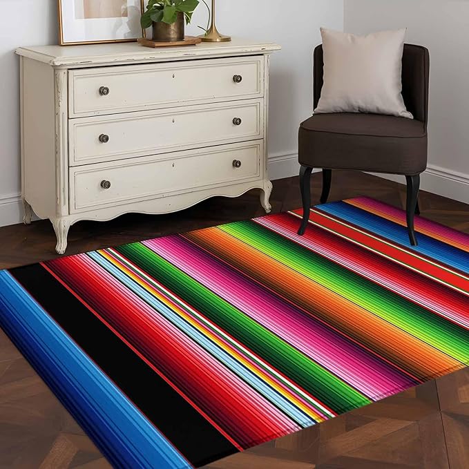 Area Rug 4x6ft, Mexico Art Colorful Stripes Washable Rugs for Living Room Bedroom, Color Gradient Lines Soft Non-Slip Area Rugs Rectangle Floor Carpet for Dining Room