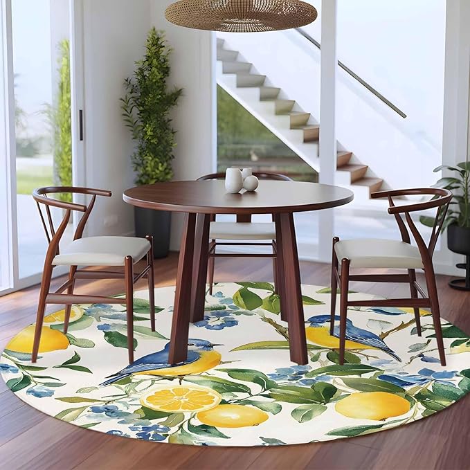 Washable Round Area Rug Pastoral Vintage Lemon Blue Bird Circle Rugs Floor Carpet for Living Room Bedroom, Retro Yellow Fruit Flowers Soft Non Slip Round Rug 5ft