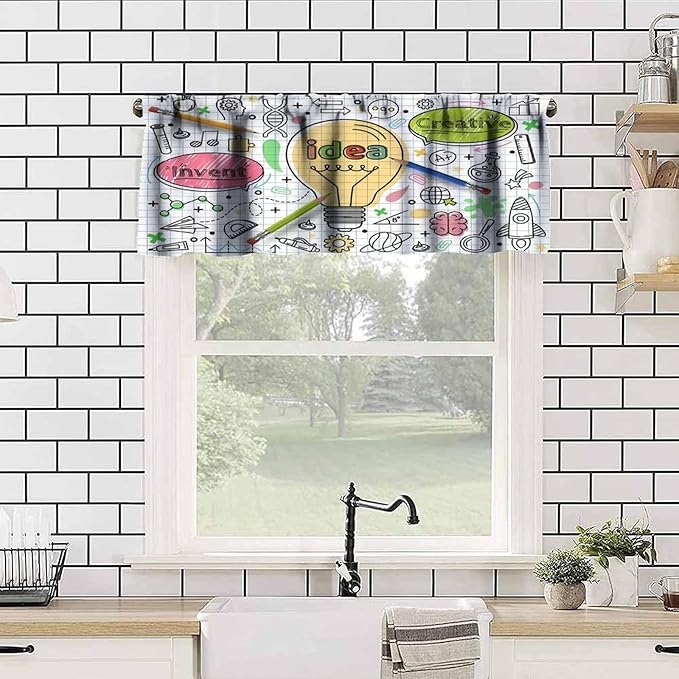 Science Valance Curtain, School Study Creative Idea Innovation Education Short Window Treatment for Kitchen Bathroom Living Room School, 54x18Inch