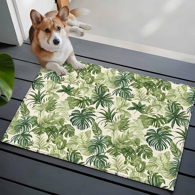Area Rug 2x3ft, Green Palm Leaf Watercolor Washable Rugs for Living Room Bedroom, Summer Tropical Leaves Soft Non-Slip Area Rugs Rectangle Floor Carpet for Dining Room