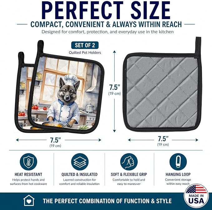 Caroline's Treasures Norwegian Elkhound The Chef Pair of Pot Holders Kitchen Heat Resistant Pot Holders Sets Oven Hot Pads for Cooking Baking BBQ, 7 1/2 x 7 1/2