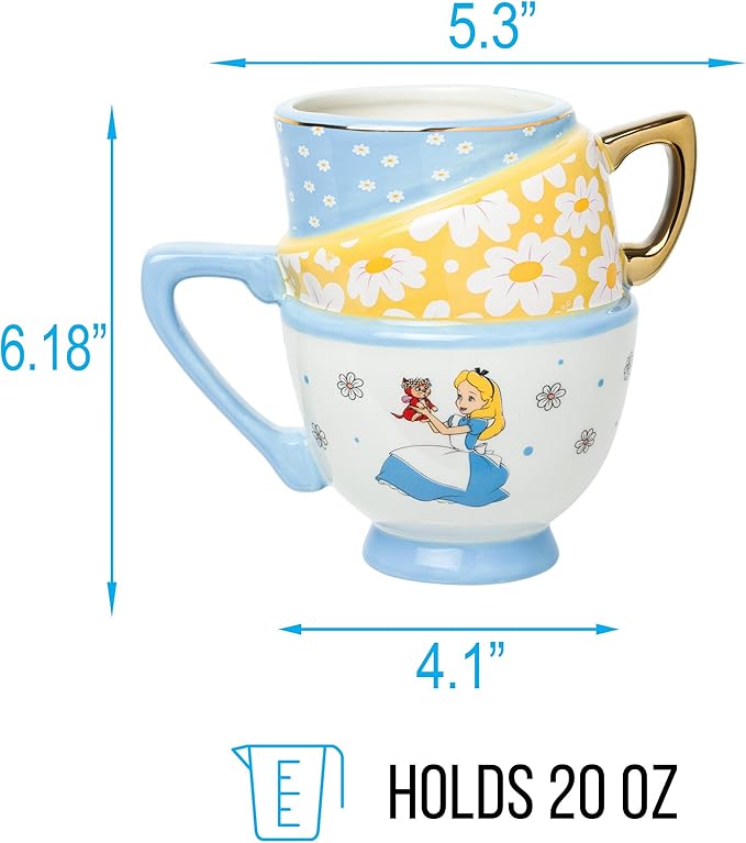 Silver Buffalo Disney Alice in Wonderland and Dinah Stacked Teacup 3D Sculpted Ceramic Coffee Mug, 20 Ounces