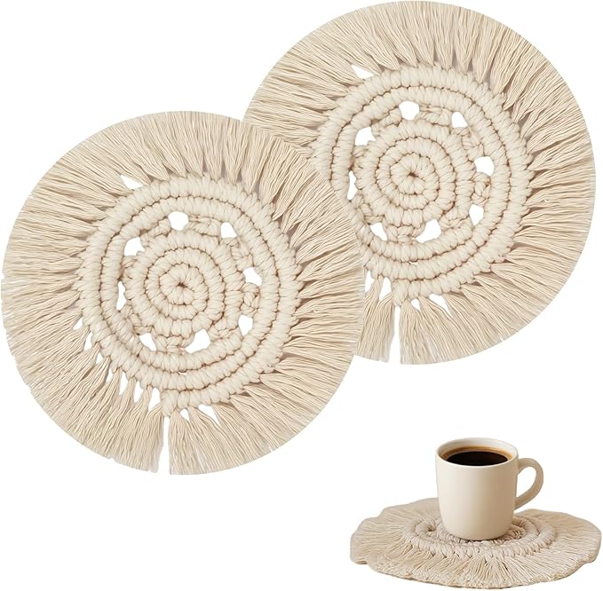 Boho Macrame Coasters Set of 2,Absorbent Coaster for Drinks, Round Handmade Woven Coasters for Boho Home Decor, CupCoasters for Office Desk, Kitchen, Dining Room, Bar (Hole-Beige(2pcs)/7.4in)