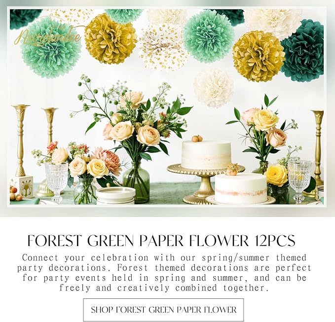 NICROLANDEE Green Wedding Party Decorations - 12 PCS Emerald Green Ivory Tissue Paper Pom Poms for Neutral Baby Shower, Vintage Party, Birthday, Bridal Showers, Rustic Wedding Decorations