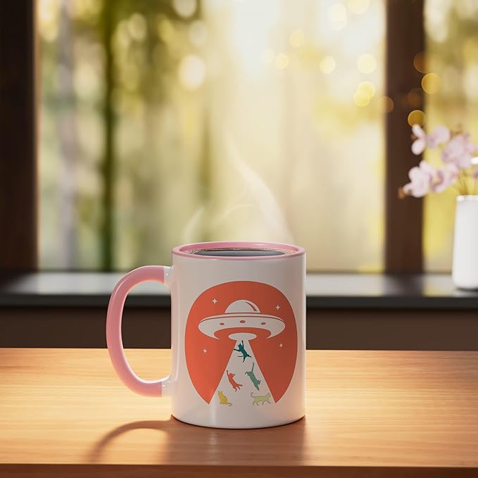 Cat UFO Funny Cat humor Kitten Owner UFO lover flying saucer Ceramic Mug, Pink/White