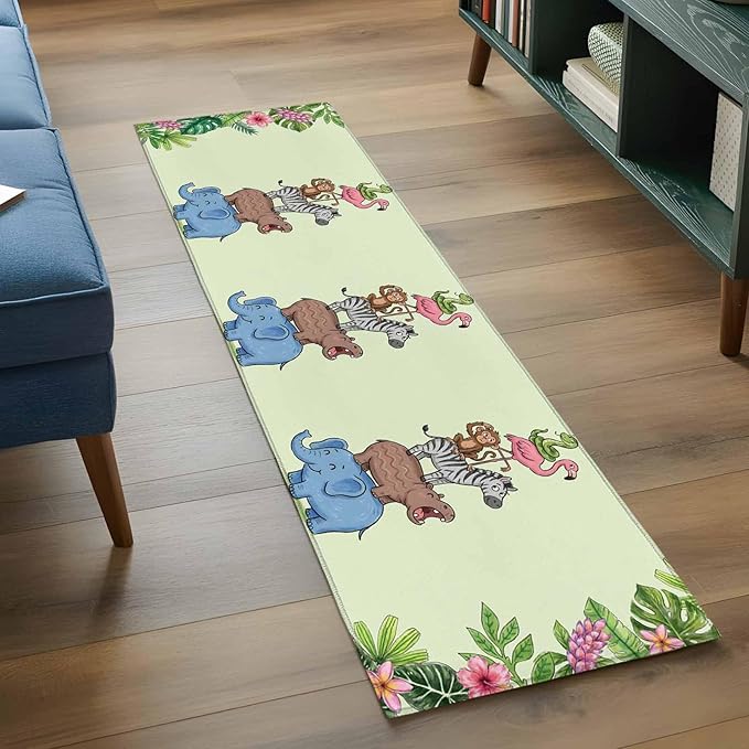 Runner Rug for Bedroom Hallway, Funny Elephant Zebra Flamingo Kitchen Runner Rugs Area Rug 2x6ft, Tropical Leaves Floral Washable Soft Floor Carpet for Entryway Stair