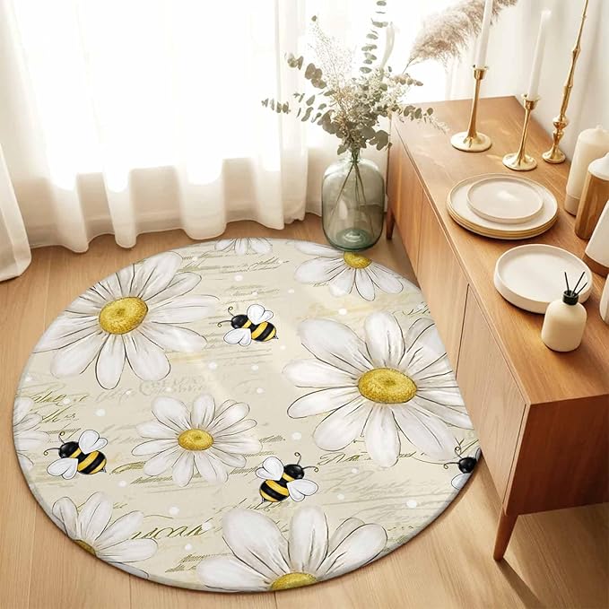 Washable Round Area Rug Retro Watercolor White Floral Bee Circle Rugs Floor Carpet for Living Room Bedroom, Summer Daisy Letter Texture Soft Non Slip Round Rug 3ft