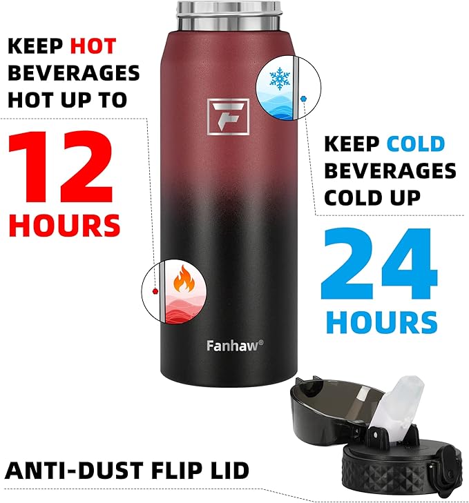 Fanhaw 24 oz Insulated Stainless Steel Water Bottle with Straw Lid, Leakproof & Anti-Dust Sports Bottle for Kids, Women & Men (Red Black)