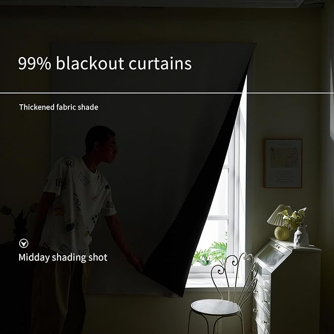 AJAZZ self Adhesive Portable 100% Blackout Curtains Simple and Easy to installBedroom Window Thermal Lnsulated Kitchen Room Darkening Black Small Drapes 1-Pack