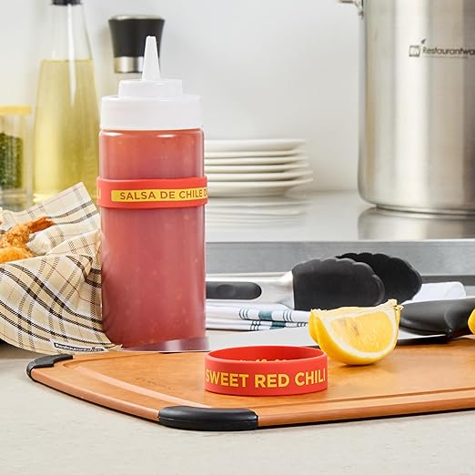 Restaurantware Silicone Squeeze Bottle Band 10 Count 2.75 Inch Dishwasher Safe Condiment Identification Band, Sweet Red Chili Red Non-Slip Label Band for Condiment Labeling at Restaurants, Food Trucks