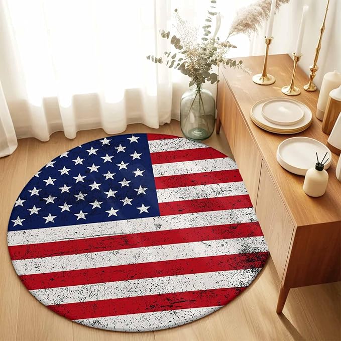 Washable Round Area Rug Independence Day Stars Stripes Retro Circle Rugs Floor Carpet for Living Room Bedroom, Patriotic Flag Red Blue Soft Non Slip Round Rug 3ft