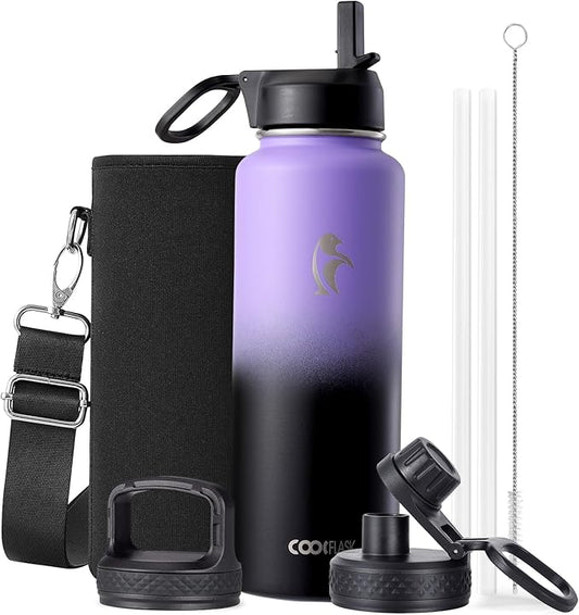 Coolflask Water Bottle 40 oz Insulated with Straw, Stainless Steel Metal 3 Lids Water Flask for Sports or Office, Keep Cold 48H Hot 24H, Purple Black