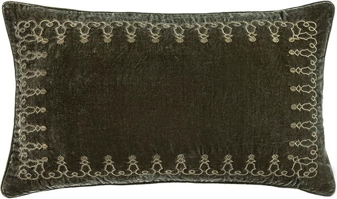 HiEnd Accents Stella Faux Silk Velvet Embroidered Lumbar Pillow, 14x24 inch, Fern Green, Romantic Western Modern Traditional Style Luxury Bedding, Decorative Throw Pillow