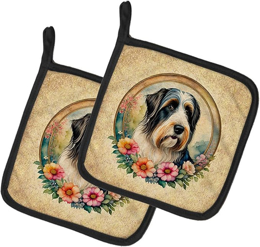 Caroline's Treasures Bearded Collie and Flowers Pair of Pot Holders Kitchen Heat Resistant Pot Holders Sets Oven Hot Pads for Cooking Baking BBQ, 7 1/2 x 7 1/2