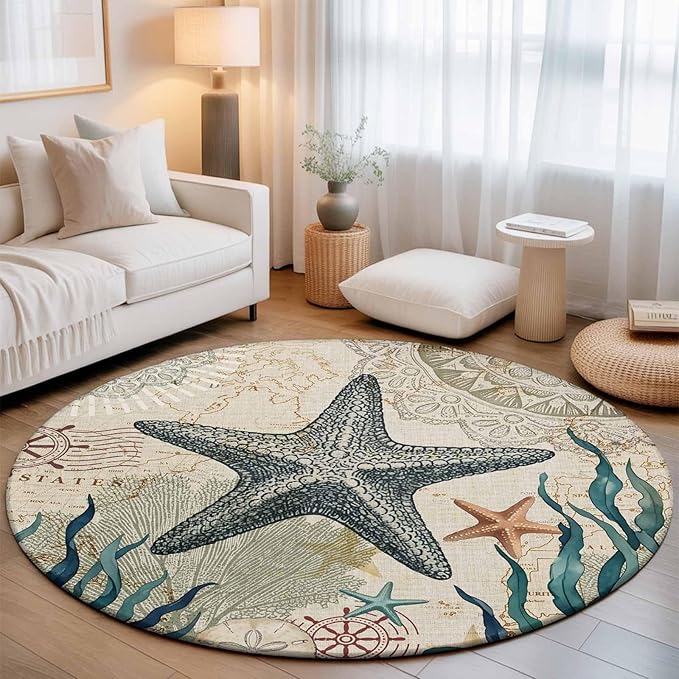 Washable Round Area Rug Nautical Starfish Teal Seaweed Starfish Circle Rugs Floor Carpet for Living Room Bedroom, Marine Life Soft Non Slip Round Rug 5ft