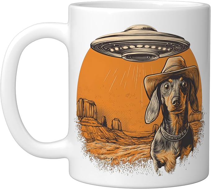 Retro Western UFO Dachshund Cowboy Alien Sci Fi Desert Ceramic Mug, White