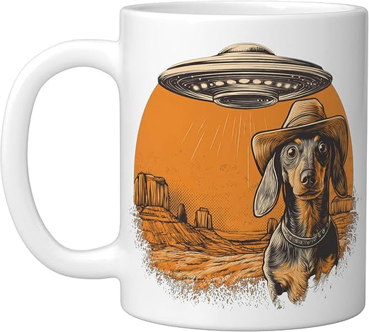 Retro Western UFO Dachshund Cowboy Alien Sci Fi Desert Ceramic Mug, White