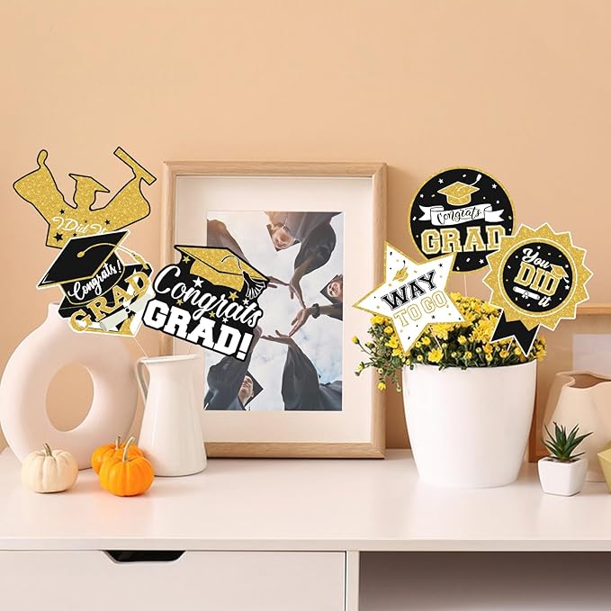 2026 Graduation Party Decorations - 24 Pcs Class of 2026 Congrats Grad Table Centerpieces Graduation Table Decorations Sticks Table Toppers for Graduation Party (Black Gold)