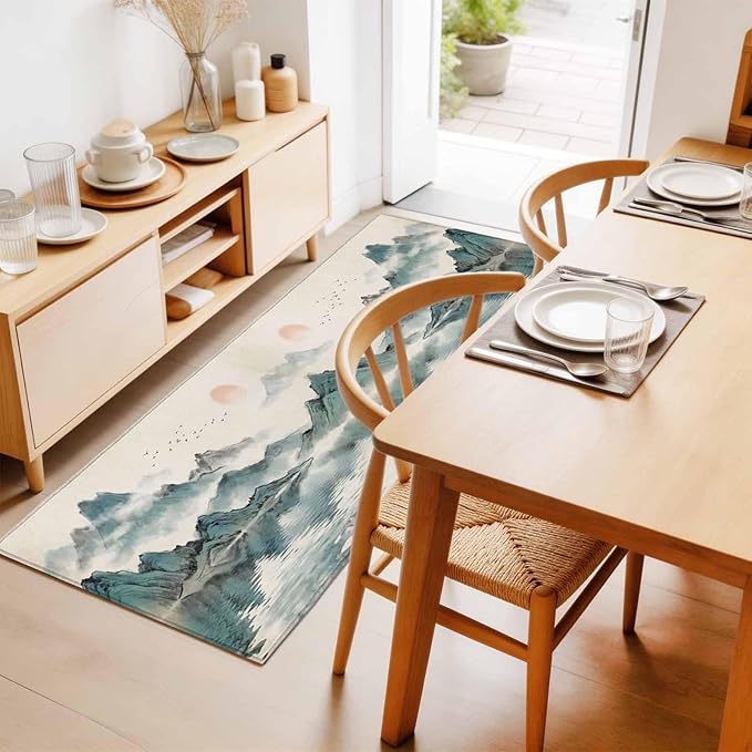 Runner Rug for Bedroom Hallway, Chinese Zen Landscape Ombre Kitchen Runner Rugs Area Rug 2x6ft, Abstract Mountain Lake Washable Soft Floor Carpet for Entryway Stair