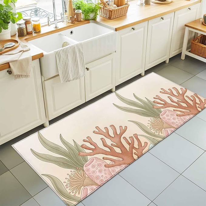 Runner Rug for Bedroom Hallway, Ocean Coral Seaweed Shell Reef Kitchen Runner Rugs Area Rug 2x6ft, Watercolor Marine Theme Washable Soft Floor Carpet for Entryway Stair
