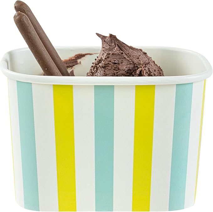 Coppetta 12 Ounce Dessert Cups, 50 Greaseproof Ice Cream Cups - Lids Sold Separately, For Hot And Cold Foods, Blue And Green Stripe Paper Yogurt Bowls, Disposable, Sturdy - Restaurantware