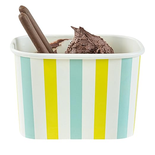 Restaurantware Paper Cups 200 Count 12 Ounce Square Disposable Ice Cream Containers, Leak-Resistant Paper Dessert To Go Cups, Hot And Cold Food, Durable Blue And Green Stripe Design