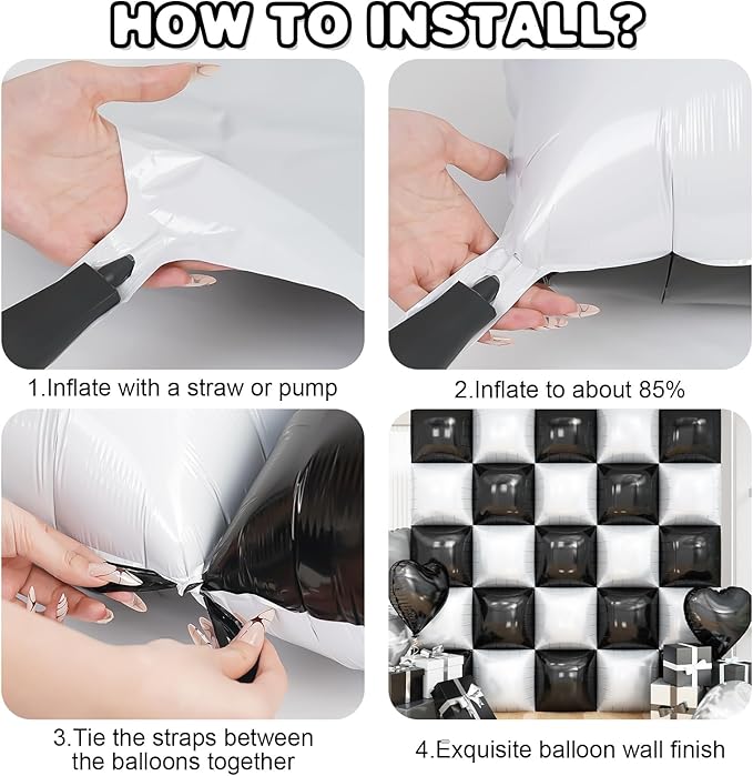 Black White Square Foil Balloon Wall,25Pcs Double Sided Checkered Balloons Backdrop Helium Balloon Tunnel Arch Garland Kit for Birthday Bridal Anniversary Baby Shower Party Decorations